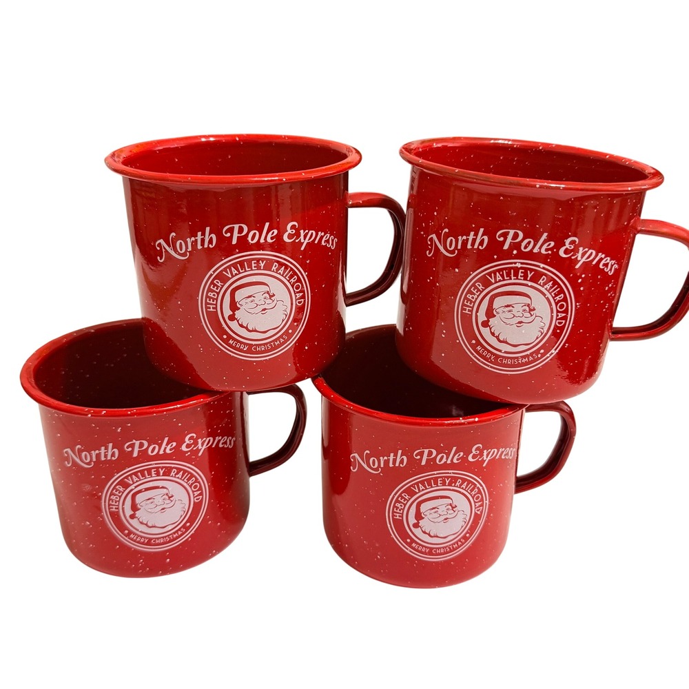 Heber Valley Railroad North Pole Express Mugs Set of 4 Red Enamel Metal